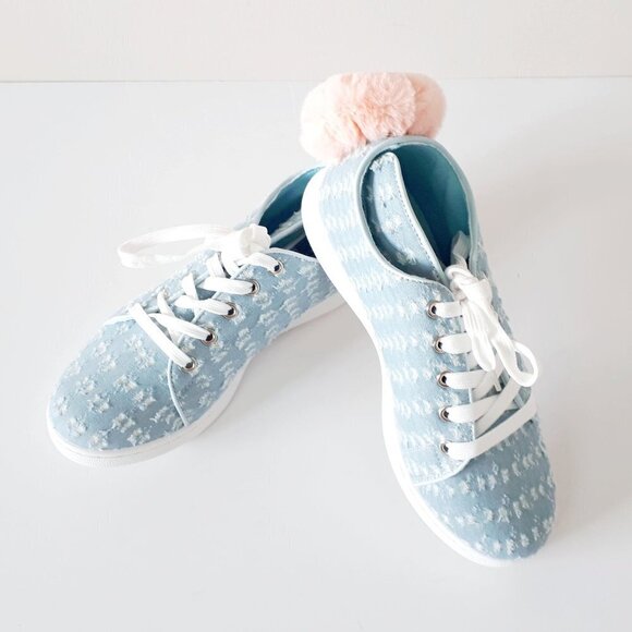 NWT / NIB Qupid blue denim-like bunny ear lace up faux fur pom pom sneakers - Picture 9 of 14